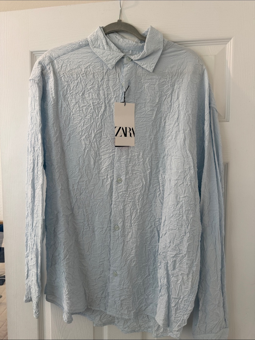 ZARA Pale Blue Crinkle Casual Button-Down Shirt